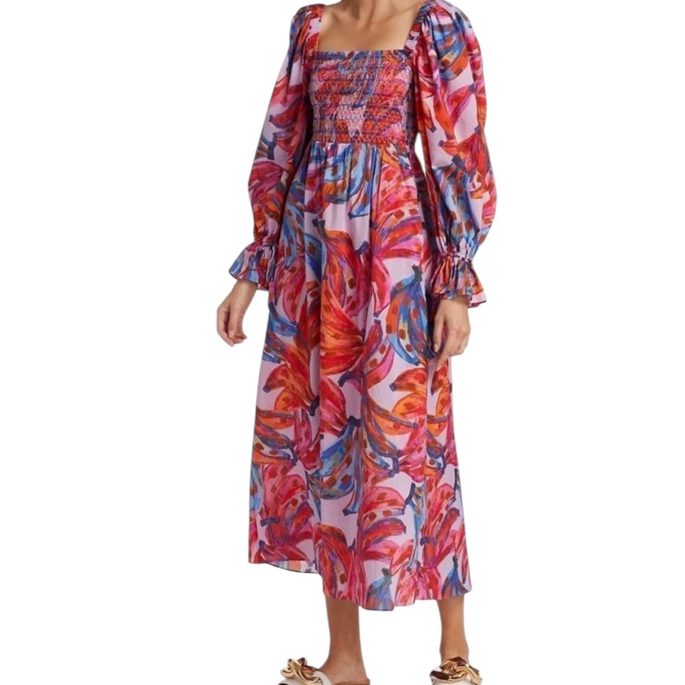 Farm Rio "Colorful Bananas" Pink, Violet, Blue Print Off the Shoulder Midi Dress